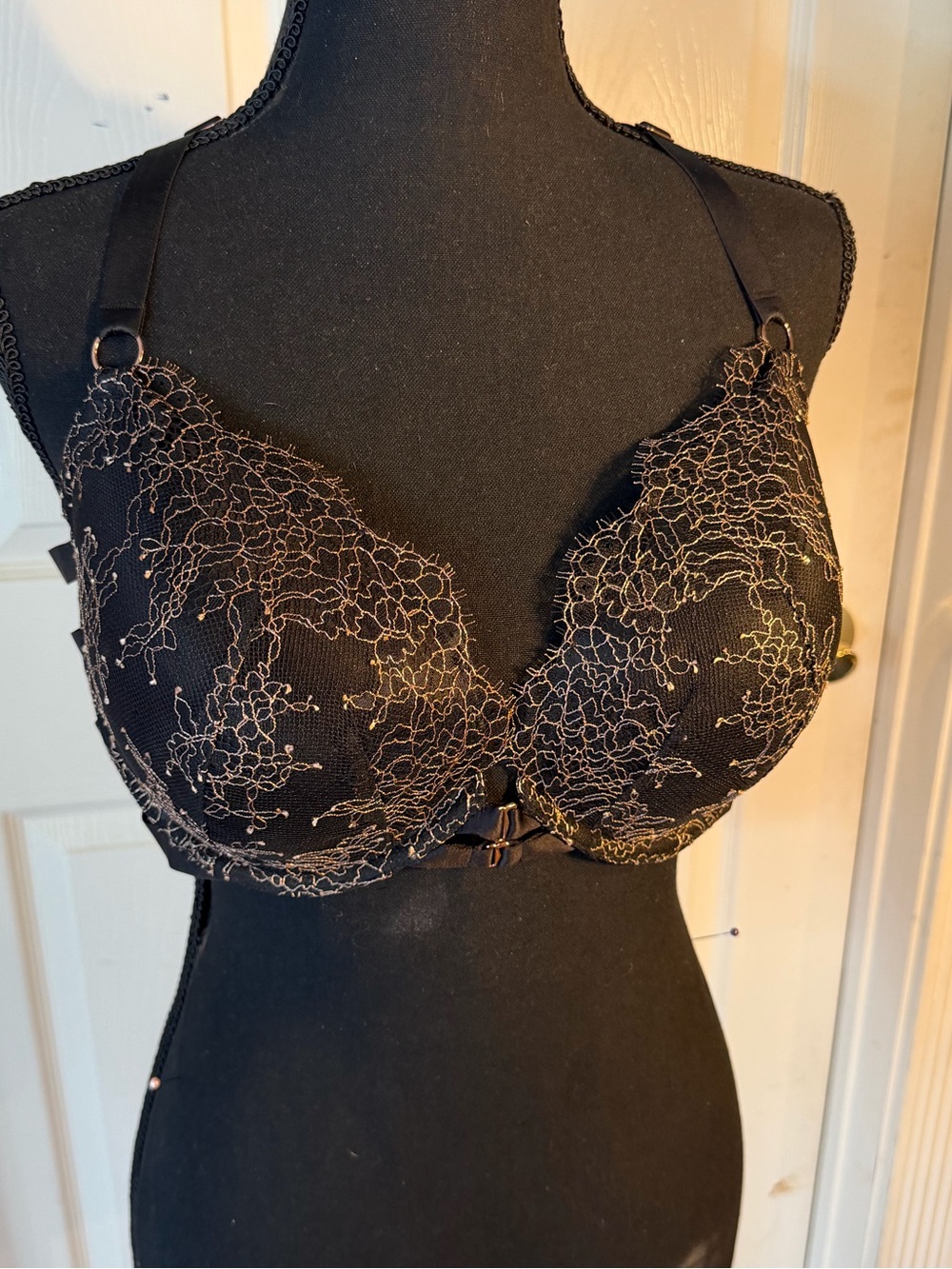 Victoria's Secret VINTAGE Black Bra with Gold Lace Overlay